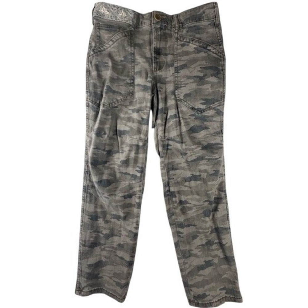 Anthropologie Pants Womens 25 Camo Utility Straight Leg Embroidered Trim Green